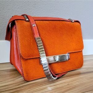 Schutz Paris Convertible Calf Hair Leather Flap Structured Crossbody Bag Orange